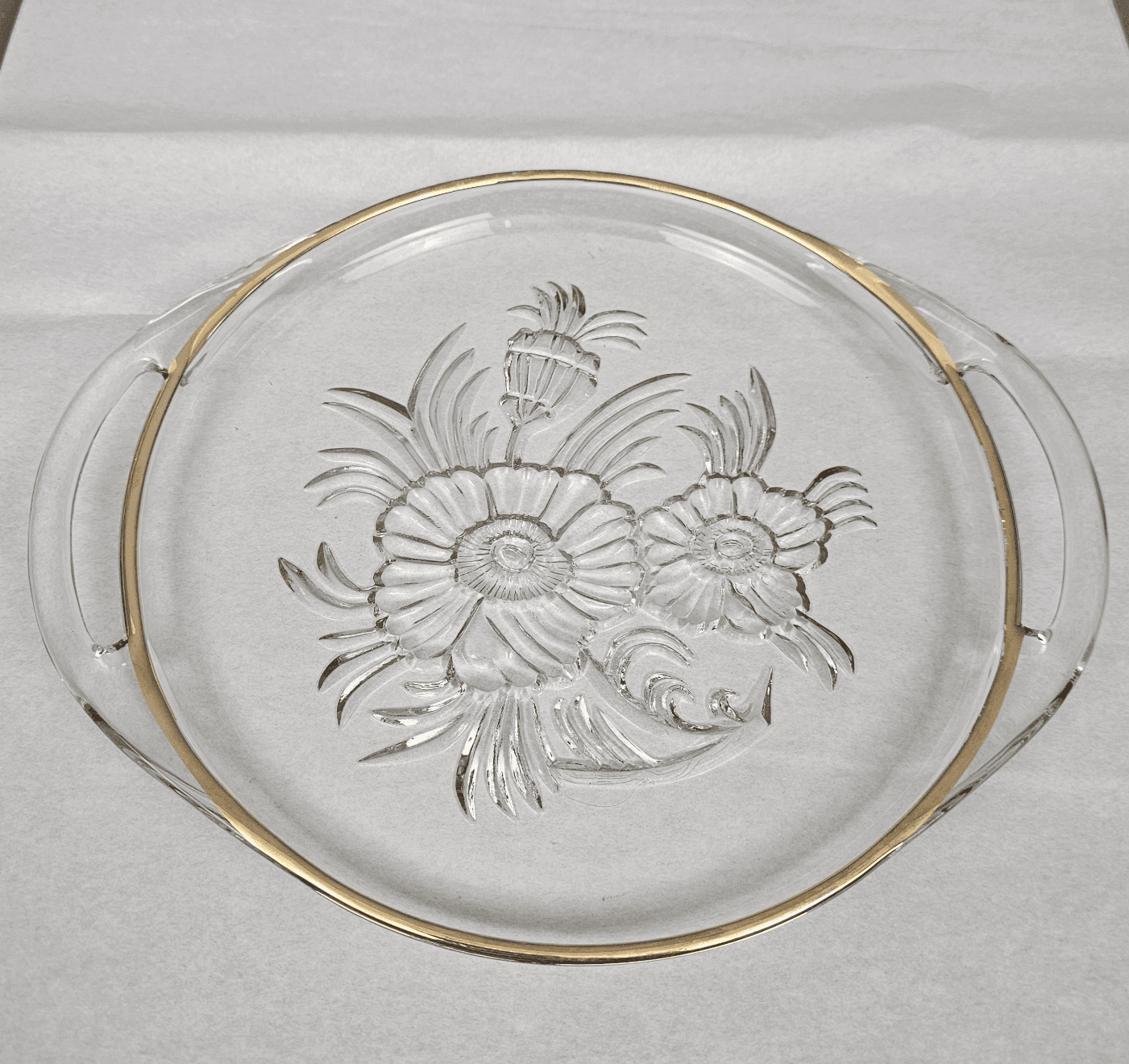 Vintage Pressed Glass Serving Plate Gold Trimmed Floral Glass w Handles
