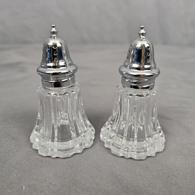 Vintage Cut Glass 2 piece Salt Pepper Set 4" Tall Silver Tone Fancy Top