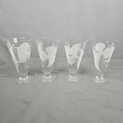 Vintage Etched Parfait Glasses Footed Clover Leaf Set of 4