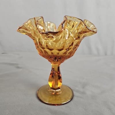 VTG Fenton Amber Glass Thumbprint Ruffled Edge Pedestal Compote Candy Dish 6”