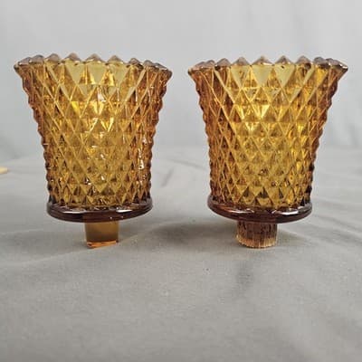 2 Vintage Homco Amber Diamond Cut Votive Cups Candle Holders 3.5"