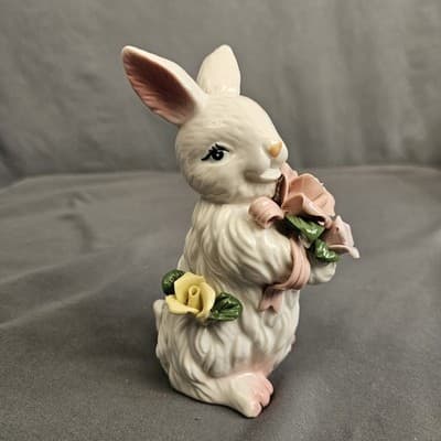 Vintage Porcelain Bunny Rabbit with Flowers Figurine Easter