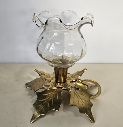 Vintage Solid Brass Candle Stick Holder Holly Leaf Christmas Poinsettia