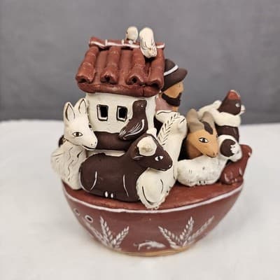6” Handcrafted Peruvian Folk Art Clay Noah's Ark Figurine Christian Room Art