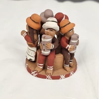 Vintage Peruvian Terra Cotta Clay Pottery Folk Art Circle Of Musicians 2.2" Tall