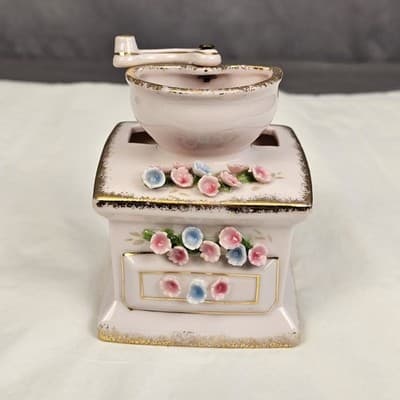 Vintage Lefton China Hand Painted Pink Coffee Grinder w Flowers Figurine Planter