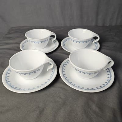 Vintage Corelle Blue Snow Flake Hook Handle Cups & Saucers Set Of 4