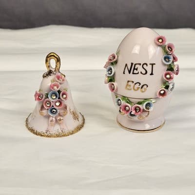 LEFTON Vintage Porcelain Lt. Rose Nesi Nest Egg With Lid & Bell Hand Painted