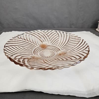 Vintage 9.75" Anchor Hocking Prismatic Swirl Pink Depression Glass 3 Footed Bowl