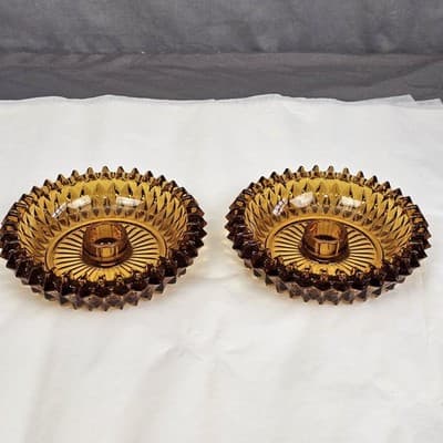 2 Vtg Amber Indiana Glass Diamond Point Ashtray Candle Holder Cigar Cigarette