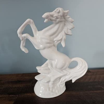 Gray White Rearing Porcelain Horse Figurine 10" Tall Vintage Mid Century