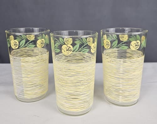 Set of 3 MCM Anchor Hocking Yellow Rose & Weave Juice Glass Tumblers