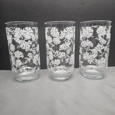 3 Vintage Libbey Glasses Clear with White Flowers 12oz.