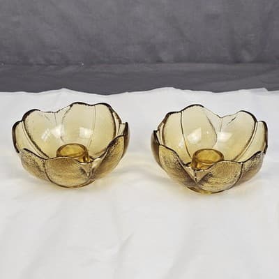 Vintage Set 2” Anchor Hocking Amber Textured Floral Pedals Tulip Candle Holder