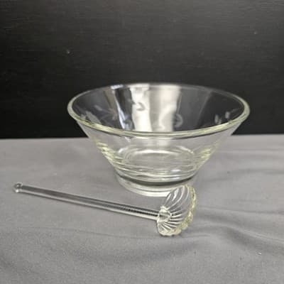 Cut Glass Clear Dip Bowl and Glass Serving Spoon 2.5" Tall x 5" Diameter