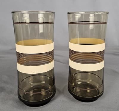 Set of 2 Libbey Striped Brown and Tan 1970's Retro Glasses Tumblers 16oz
