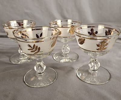 VTG MCM Set Of 4 Libbey Frosted Gold Foliage Leaf 4 oz. Stemmed Glasses Dessert