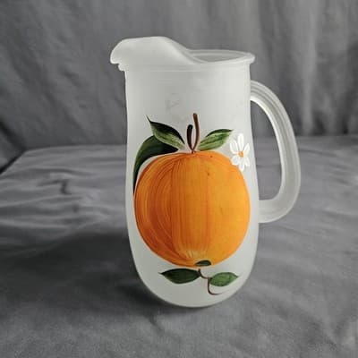 Vintage Frosted Pitcher with Orange Painting 8" Tall