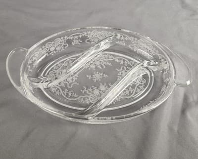 Fostoria Glass 3- part 12.25 Inch Oval Relish dish, Romance pattern 1942-82