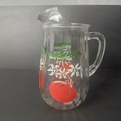 Vtg Anchor Hocking 50’s Clear Glassware Juice Pitcher W/Tomato Design 8"Tall