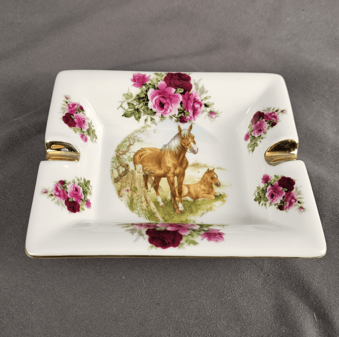 Porcelain Ashtray Horse & Foal Roses Gold Trim Vintage Decorative Equestrain