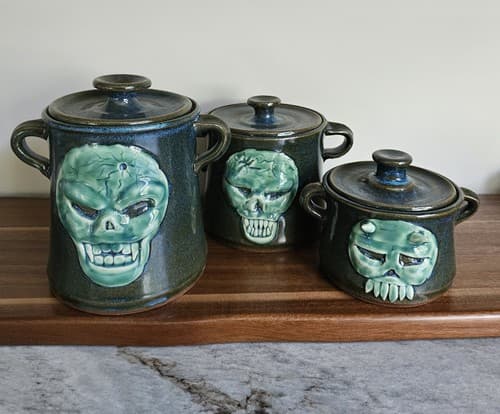 Scull Handmade Pottery 3 Canisters Green Jar Storage Unique