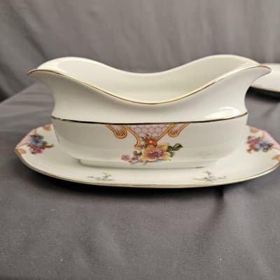 EPIAG Czechoslovakia Bridal Rose (White) 1930s Gravy Boat with Attached Plate