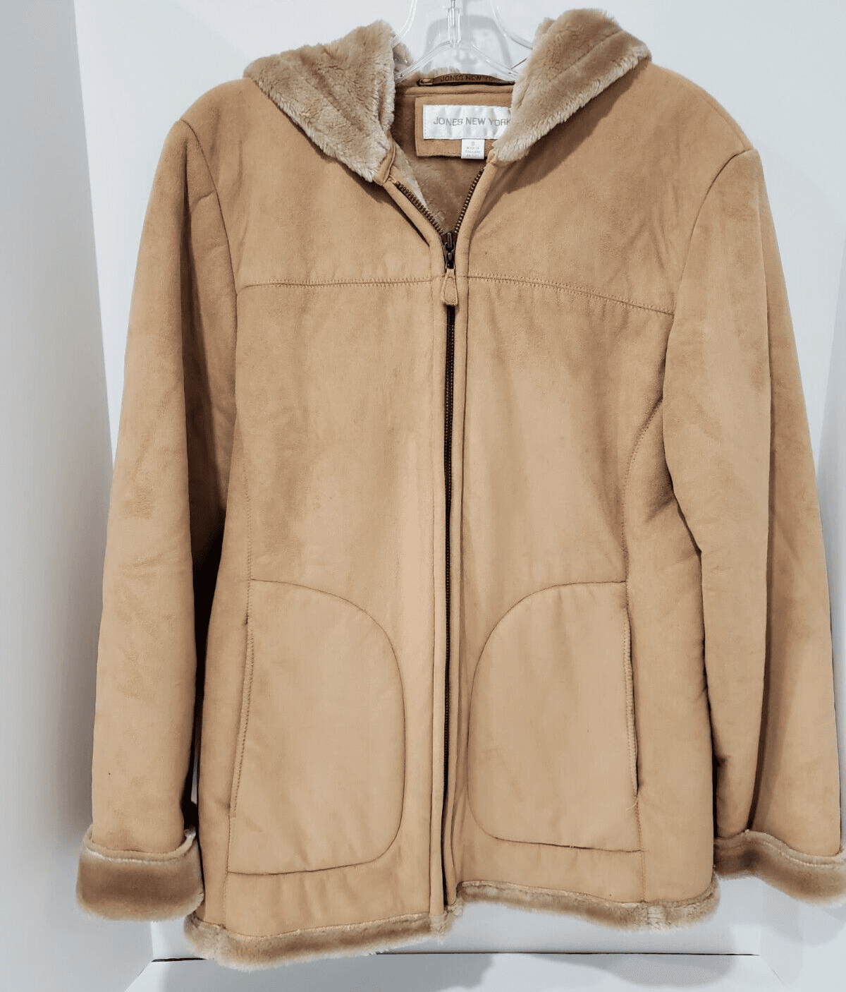 Jones New York Beige Faux Sheepskin Fur Lining Coat/Jacket Hooded Womens Size S