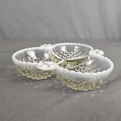 Anchor Hocking Moonstone Opalescent Hobnail 3 Section Divided Condiment Dish