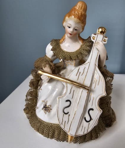 Figurine Woman Playing Bass Vintage Occupied Japan Dresden Lace Style