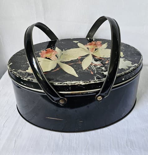 Floral Biscuit Tin Oval With Handles Daffodils Black Vintage 1950s FREE Shipping