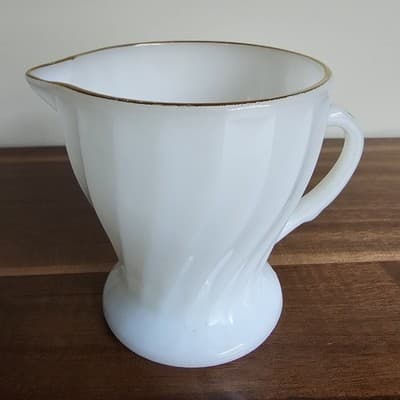 Anchor Hocking Coffee Creamer Swirled Milk Glass Gold Trim Made in USA
