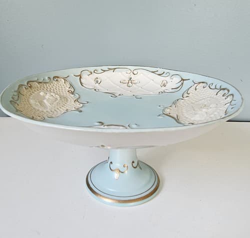 Vintage Pedestal Tidbit Tray Unknown Manufacturer Raised Art w Gold