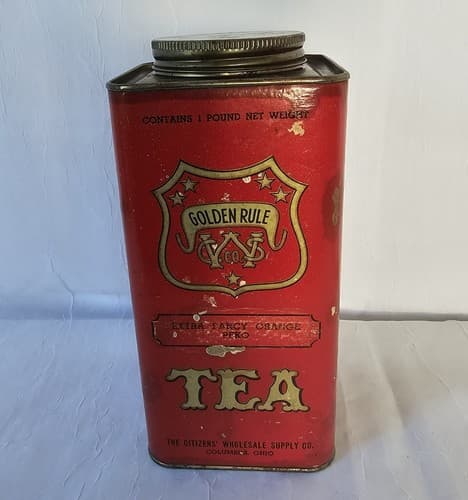 Vintage Golden Rule Tea Tin CWS Co. Red Paint 1Lb Container FREE Shipping