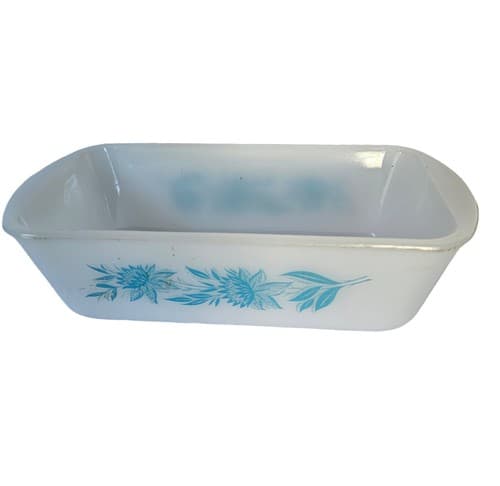 Vintage Glasbake Bread Loaf Pan Blue Floral 1 & 1/2 Qt White Glass