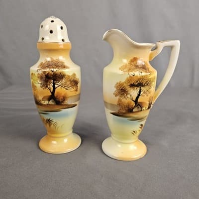 Noritake Muffineer Set - Syrup Pitcher & Powdered Sugar Shaker Cottage Landscape