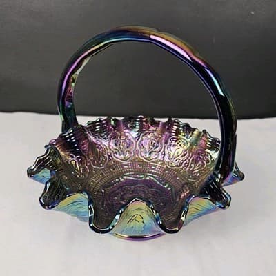 Fenton Purple Iridescent Carnival Glass Handled Round Decorative Basket