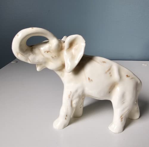 Vtg Standing White Elephant Brown Painted Trunk Up Ceramic Figurine FREE Ship