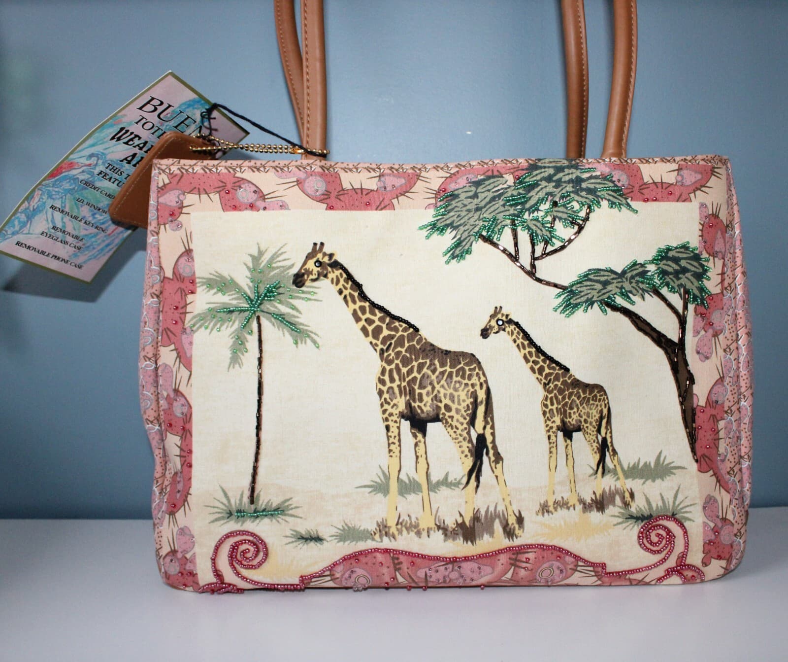 Wearable Art African Giraffe Beaded Purse Handbag Vintage Bueno Toteable NWT