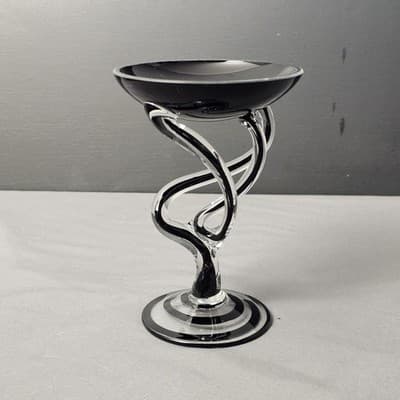 Jozefina Krosno Hand Blown Jelly Fish Pedestal Art Bowl 5.25" Black Clear Swirl