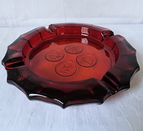 Ruby Red Glass Fostoria USA Coin Bottom Glass Ashtray 7.75" Across