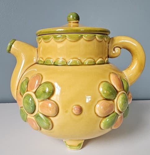 Floral Yellow Green Ceramic Footed Teapot, 5.5” With Lid Tri- footed Hippy Fun