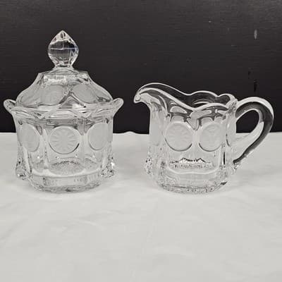 Vintage Fostoria CLEAR COIN GLASS CREAMER & SUGAR BOWL & LID