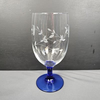 Etched Princess House Heritage Collection Iced Tea Glass Blue Stem 16oz, 6.75"