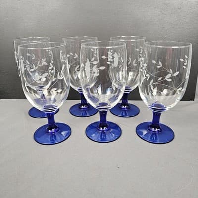 Set Of 6 Princess House Heritage Handblown Crystal 6.75" Iced Tea Blue Stem 16oz