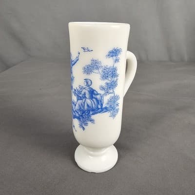 Vintage Blue Avon Milk Glass Bud Vase 5" - Victorian Scene, Nice
