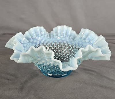 Fenton Hobnail Blue Opalescent Double Crimped 10 Inch Glass Bowl