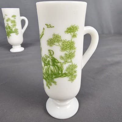 Vintage Green Avon Milk Glass Bud Vase 5" - Victorian Scene, Nice