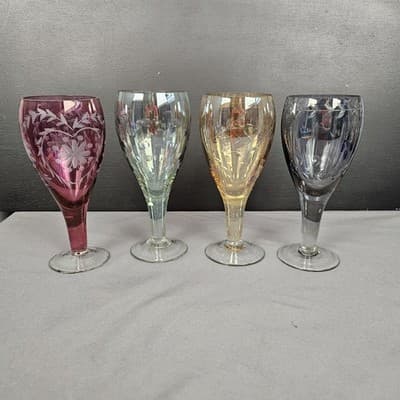 Bohemian Cut to Clear Set of 4 Cocktail Glasses Czech 6.5", 4 colors, 8oz.
