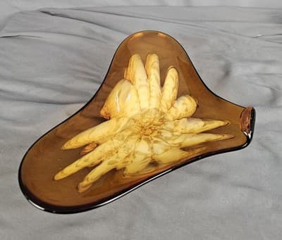 Vintage Murano Art Glass Bowl Gold Flecks Amber 3 Point Folded Rim 11" x 7" MCM